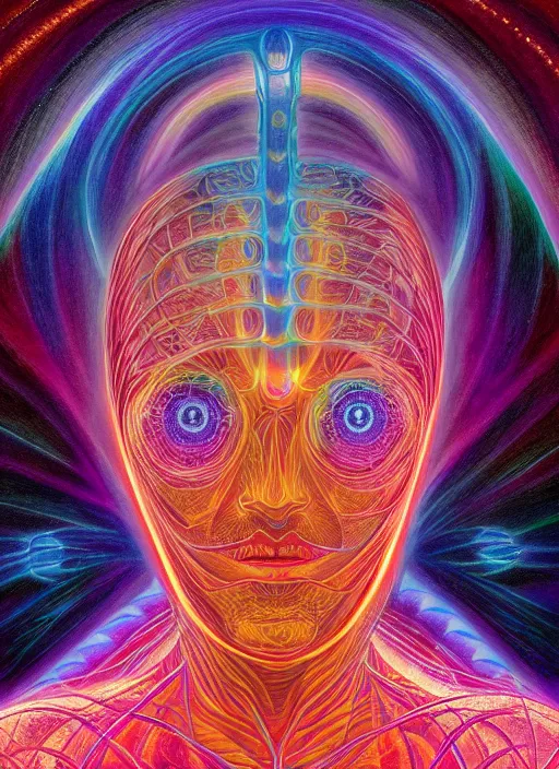 Image similar to humankind transcendence into collaborative intelligence, connectedness, body, ai, by alex grey, album cover, award winning, beautiful, colorful, volumetric lighting, trending on artstation