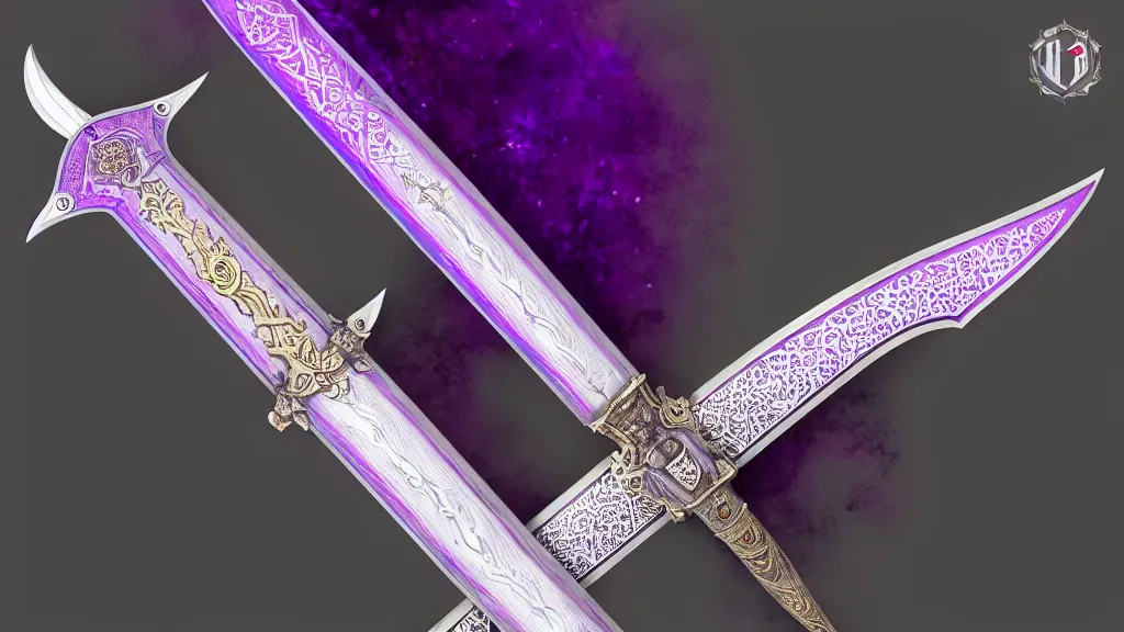 Image similar to medieval broad sword, purple aura, purple inscription, intrinsic design, hyper detailed, 4 k, 8 k