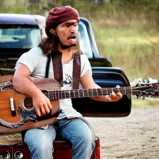 Prompt: A folkpunk brown hound dog playing the guitar in front of a pickup truck after the apocalypse