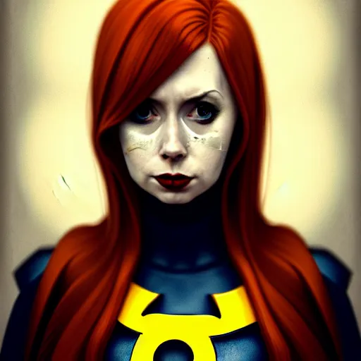 Image similar to Karen Gillan Batgirl, redhead, full body Batgirl ripped costume with cape, no mask, bruised and bloody face, symmetrical face symmetrical eyes, dark alleyway, illustration, artstation, cinematic lighting, hyperdetailed, cgsociety, 8k, high resolution, Charlie Bowater, Tom Bagshaw, Norman Rockwell, insanely detailed and intricate