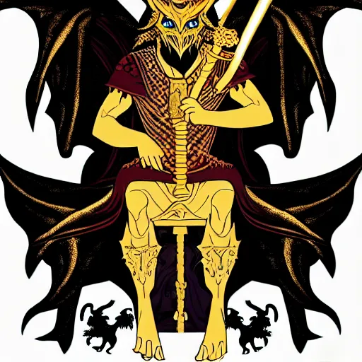 Prompt: demon sitting in his throne holding a golden sword with ravens flying around while the dragon breathes fire