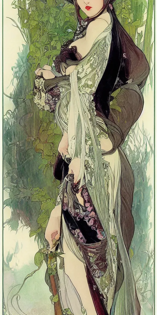 Image similar to of beautiful and gorgeous elf woman covered in wet cloak with white Japanese dress undercover, white grime on face, black volume hair in tail, style of Alfons Mucha, stylized, midtones, colorfull gradients, details