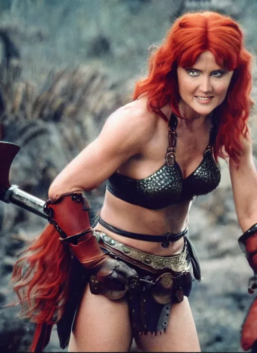 Prompt: photography lucy lawless red sonja cinematic