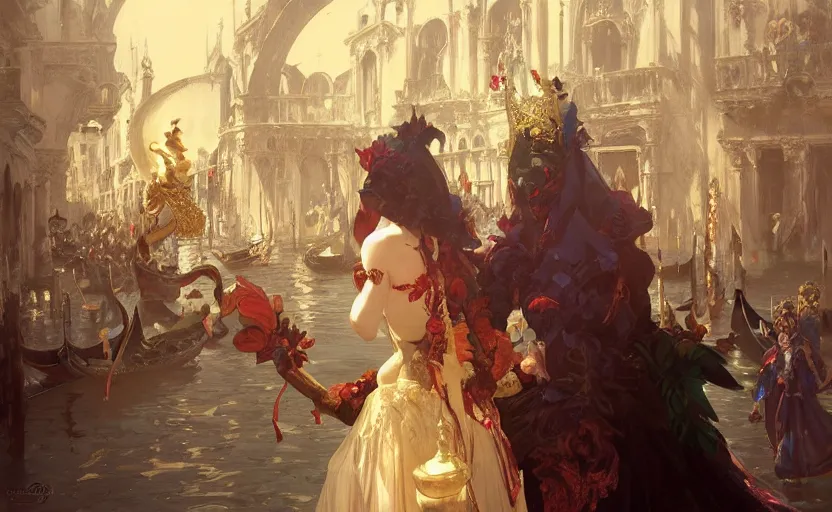 Image similar to the enchanted venice carnival dream with dancing masked people, behance hd artstation, by artgerm, greg rutkowski, alphonse mucha