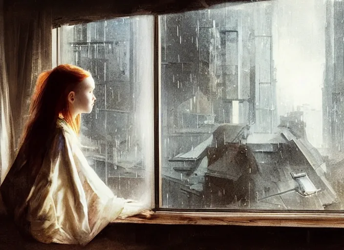 Image similar to sadie sink in hoodie sits on windowsill, knees tucked in | rain falls at night : storyboard, scifi cyberpunk. art by anders zorn, wonderful masterpiece by greg rutkowski, beautiful cinematic light, american romanticism by greg manchess, jessica rossier