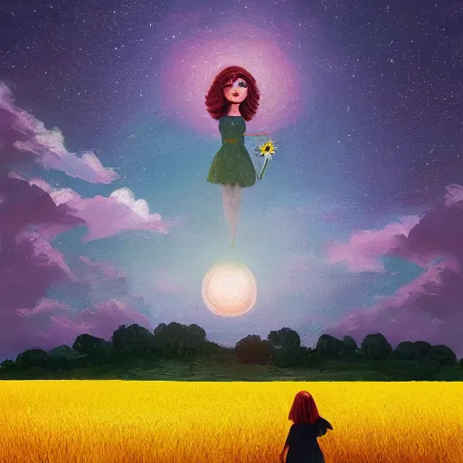 Image similar to giant daisy flowers as a head, girl walking in wheat field, hills, surreal photography, moon light, dark night, star trails, dramatic light, impressionist painting, clouds, digital painting, artstation, simon stalenhag