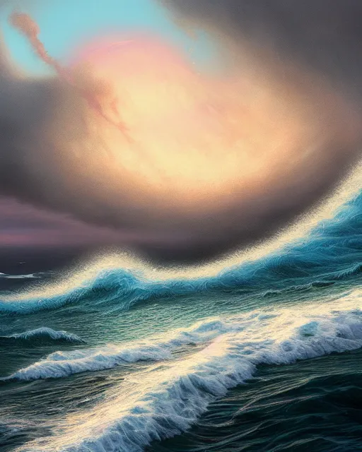 Prompt: sea with huge tsunami rolling waves, shore, sunset, hyper realistic, artstation, illustration, nicoletta ceccoli, mark ryden, lostfish, dan decarlo, bob clampett, max fleischer, digital paint, matte paint, vivid colors, detailed and intricate environment