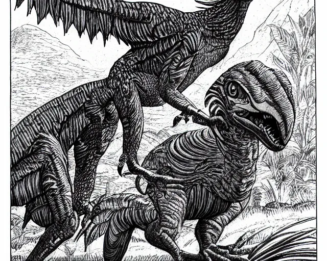 Image similar to a feathered velociraptor, full body, pen-and-ink illustration, etching, by Russ Nicholson, DAvid A Trampier, larry elmore, 1981, HQ scan, intricate details