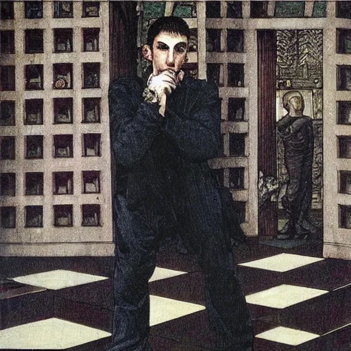 Prompt: travis bickle has a mohawk, on a checkered floor, by edward burne - jones