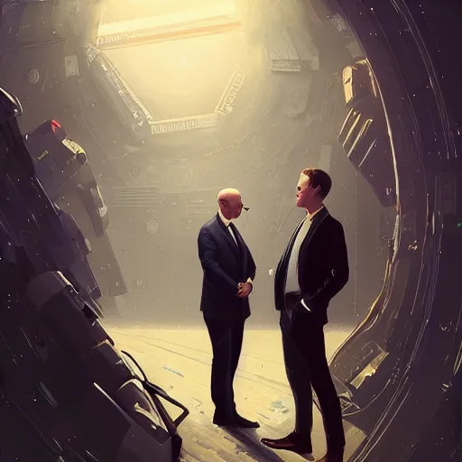 Prompt: illustration of a meeting between elon musk, mark zuckerberg, jeff bezos, very detailled, by artgem, greg rutkowski