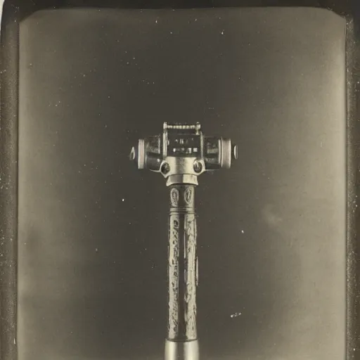 Image similar to Tintype photograph of a lightsaber and Star Wars blaster displayed in an ethnographic museum, archive material, anthropology, 1920s studio lighting.