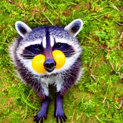 Prompt: a cute racoon with a fried egg on its head, walking in a city that is also a forest, digital art, bird eye view