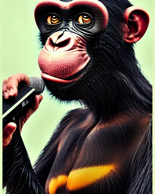 Prompt: a portrait of an anthropomorphic cyberpunk chimp singing into a microphone on a stand by sandra chevrier, by jon foster, detailed render, tape deck, epic composition, cybernetics, 4 k realistic, cryengine, realistic shaded lighting, sharp focus, masterpiece, by enki bilal