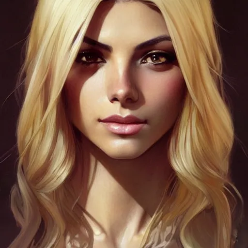 Image similar to A combination of Victoria Justice's and Ashley Greene's faces with blonde hair, western, D&D, fantasy, intricate, elegant, highly detailed, digital painting, artstation, concept art, matte, sharp focus, illustration, art by Artgerm and Greg Rutkowski and Alphonse Mucha