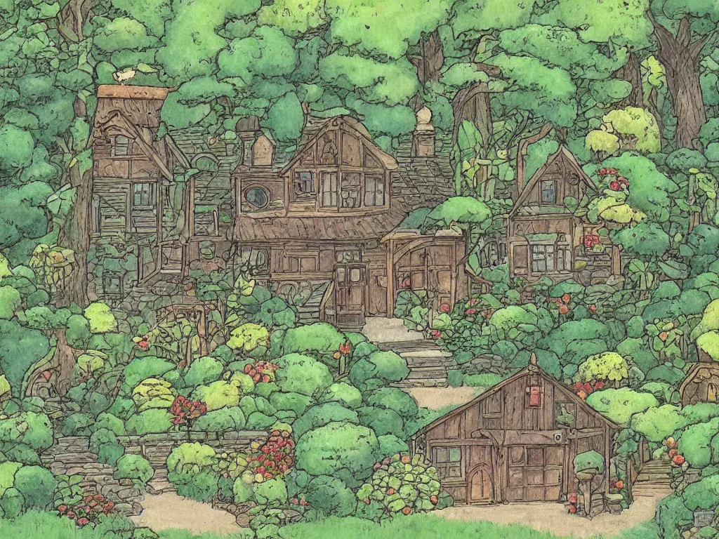 Image similar to garden wood house in the style of studio ghibli