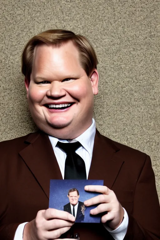 Image similar to full length body shot, andy richter wearing a brown suit and necktie and black boots, ultra hd photo, 3 5 mm close up, fish eye, realistic, smiling, holding a postcard from chicago,