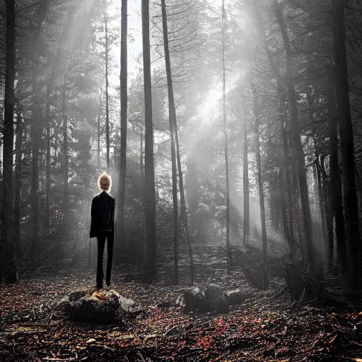 Image similar to A beautiful digital art of a man's head is floating in the air, surrounded by a halo of light. His eyes are wide open and his mouth is gaping in a scream. His hair is wild and his clothes are in tatters. Behind him is a dark, ominous forest. by Arthur Elgort subdued, ornamented