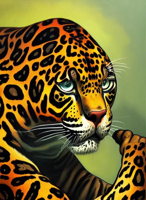 Image similar to oil portrait of realistic jaguar holdeing black drinking can, intricate, elegant, highly detailed, lighting, painting, artstation, smooth, illustration, art by greg rutowski and alphonse mucha