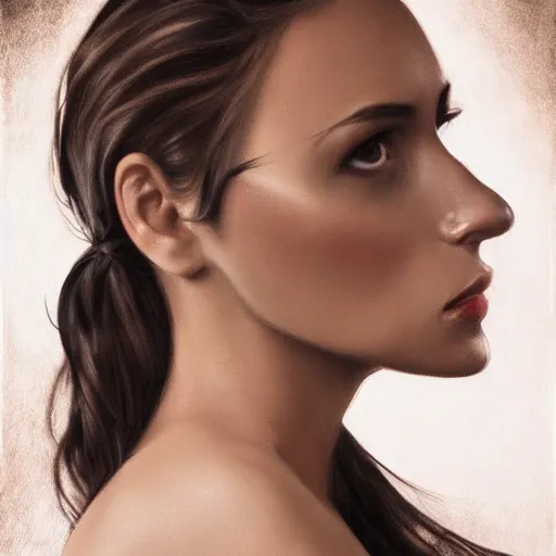 Image similar to Portrait photo of a Spanish Supermodel, long dark hair, olive skin, she has beautiful bone structure, posed in profile, studio lighting, highly detailed, art by artgerm, fine art photography