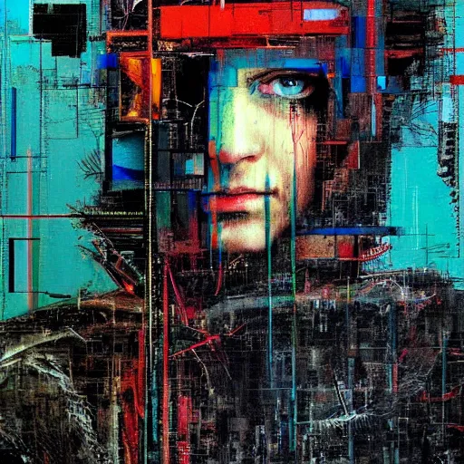 Image similar to portrait of a hooded character wearing a cyberpunk visor, by Guy Denning, by Johannes Itten, by Russ Mills, glitch art, hacking effects, chromatic, color blocking, oil on canvas, concept art, abstract