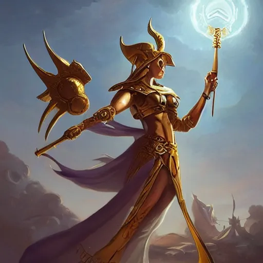 Image similar to Athena of Abyssinia in gold, defeats Chronos with thrown disc, by Peter Mohrbacher:5 Trending on Artstation:5