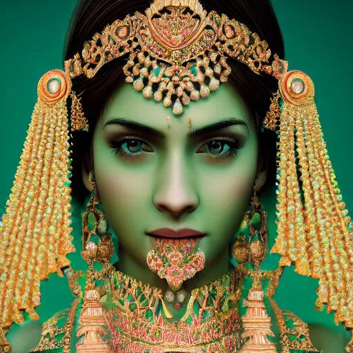 Image similar to photograph of wonderful princess with smooth fair skin, indian, green jewelry, breathtaking, elegant, ornate, intricate, hyper detailed, accent lighting, dramatic light, 4 k octane render