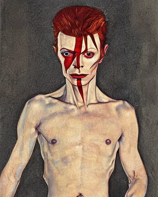 Image similar to portrait of david bowie as the devil by greg rutkowski in the style of egon schiele