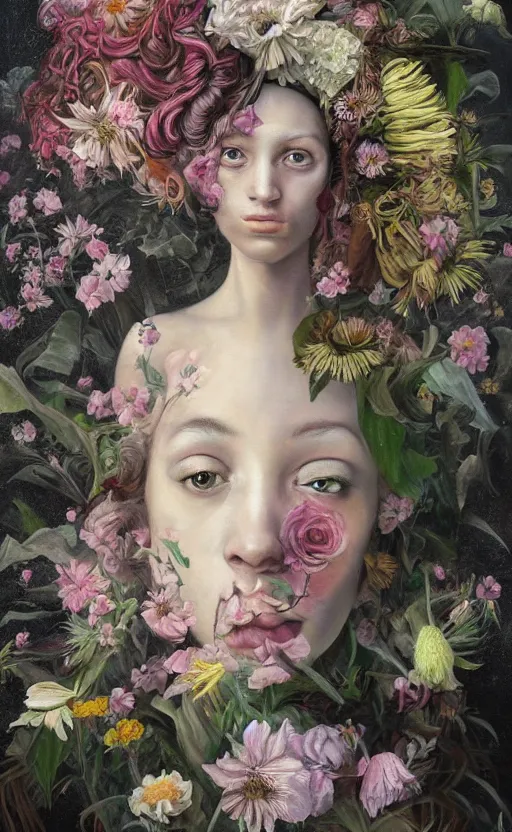 Image similar to a painting of a young woman with flowers on her head, a surrealist painting by Marco Mazzoni and Dorothea Tanning cgsociety, neo-figurative, detailed painting, rococo, oil on canvas, seapunk, made of flowers, lovecraftian