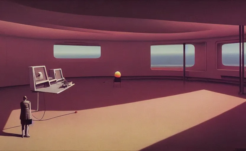 Image similar to Inside futuristic minimalist spaceship with computers, Edward Hopper and James Gilleard, Zdzislaw Beksinski, Mark Ryden, Wolfgang Lettl highly detailed, hints of Yayoi Kasuma