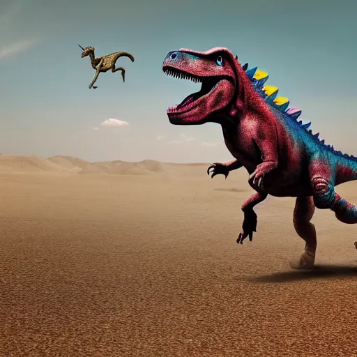Prompt: a dinosaur running in a desert chased by flying unicorns