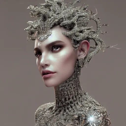 Image similar to full body detailed, ethereal, biomechanical, covered in diamonds and other gems glowing, highly detailed face, elegant posed, intricate, extremy detailed, beeple, cgsociety, 3 d unreal engine octane render. cinematic lighting, highly detailed 4 k art