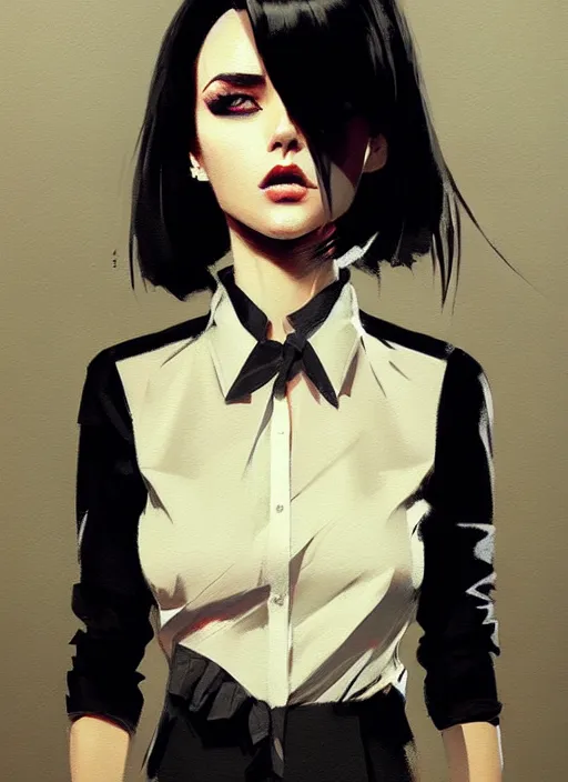 Image similar to a ultradetailed beautiful panting of a stylish woman wearing a shirt with a tie, she has black hair, distressed, background explosion, by ashley wood, ilya kuvshinov, greg rutkowski on artstation