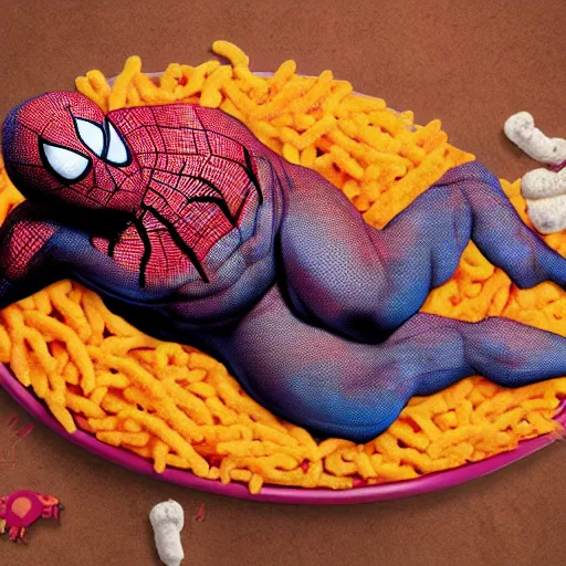 Image similar to morbidly obese spiderman laying on a giant bed of cheetos, 7 0 mm, super high resolution, award winning