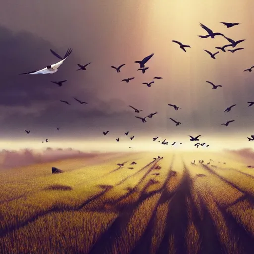 Image similar to closeup flock of swallow birds flying in avila, golondrinas, green fields, oak, spring season, 4 k, morning light, concept art, by wlop, ilya kuvshinov, artgerm, krenz cushart, greg rutkowski, pixiv. cinematic dramatic atmosphere, sharp focus, volumetric lighting, cinematic lighting, studio quality