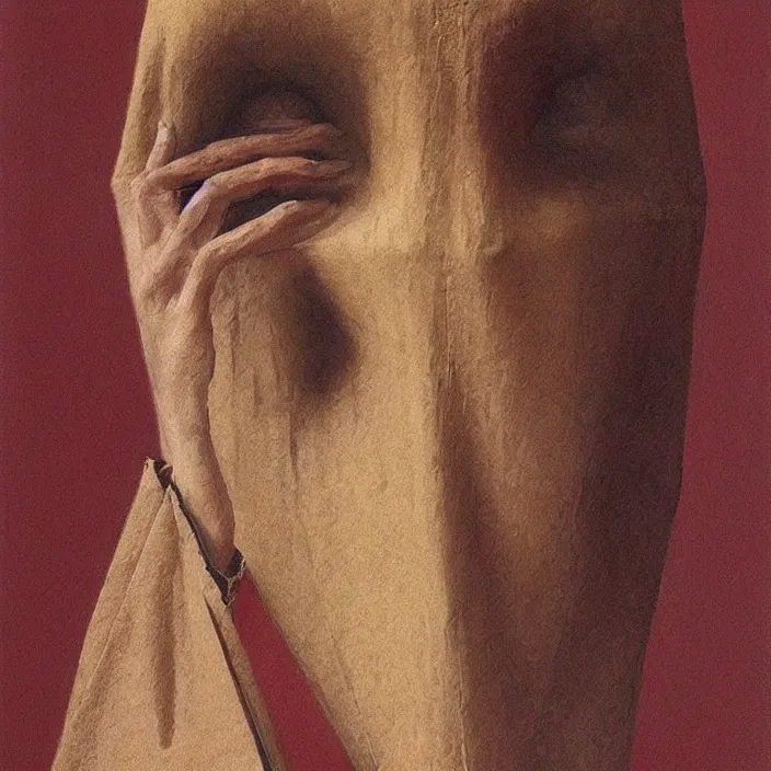 Image similar to woman portrait with a paper bag over the head, highly detailed, artstation, art by zdislav beksinski, wayne barlowe, edward hopper