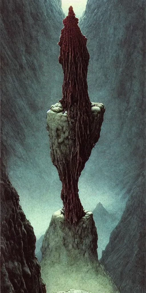 Image similar to A detailed lonley alien sock stands among the mountains. Wearing a ripped mantle, robe. Perfect face, extremely high details, realistic, fantasy art, solo, masterpiece, art by Zdzisław Beksiński, Arthur Rackham, Dariusz Zawadzki