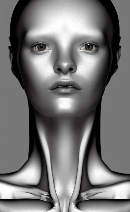 Image similar to a black and white 3D render of a beautiful portrait of a young female angelic-dragon-cyborg face with a very long neck, 150 mm, orchids, Mandelbrot fractal, anatomical, flesh, facial muscles, veins, arteries, full frame, microscopic, elegant, highly detailed, flesh ornate, elegant, high fashion, rim light, ray trace, octane render in the style of H.R. Giger and Man Ray, Realistic, Refined, Digital Art, Highly Detailed, Cinematic Lighting, rim light, black and white, photo-realistic Unreal Engine, 8K