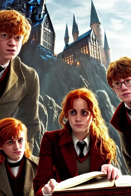 Image similar to Harry, Ron and Hermione looking down at Hogwarts after a long battle, epic, golden hour