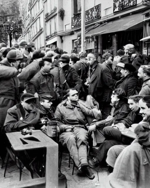 Prompt: black and white photo, french partisans meeting at an outdoor cafe, paris, 1941, cdx