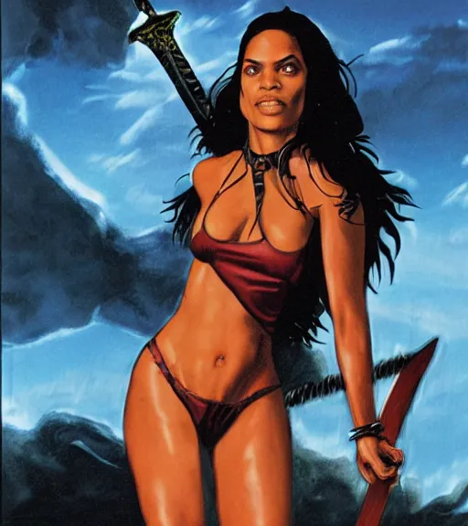 Prompt: 1 9 8 0 s fantasy novel book cover, amazonian rosario dawson in extremely tight bikini armor wielding a cartoonishly large sword, exaggerated body features, dark and smoky background, low quality print