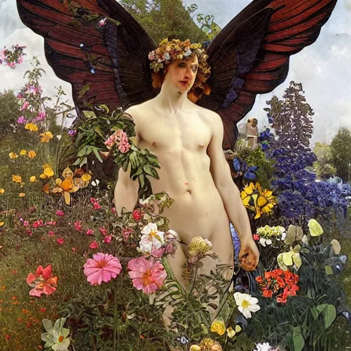 Image similar to an oil painting of a handsome garden angel with majestic wings standing in front of a cottage by arcimboldo and alphonse mucha and thomas kincade