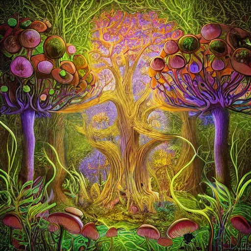 Image similar to psychedelic fantasy forest with glowing mushrooms and eerie trees in the style of Ernst Haeckel and Daniel Merriam, perfect award winning album art