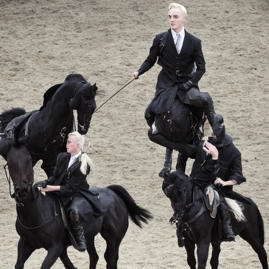 Prompt: Draco Malfoy riding one black horse