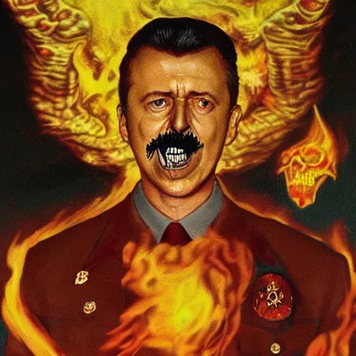 Image similar to igor ivanovich strelkov became an angry degraded satanic hellfire demonic abomination and calling for total mobilization, photo - realistic, color image, 2 k, highly detailed, bodyhorror, occult art