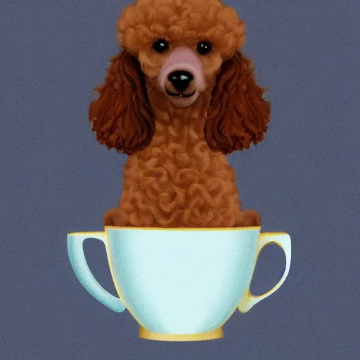 Image similar to very realistic cute poodle sitting inside a tea cup