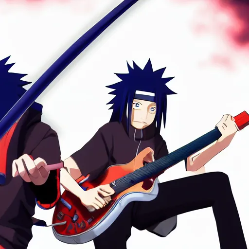 Image similar to madara uchiha playing guitar while obito uchiha sings into a microphone, anime key visual, digital art, anime screenshot, naruto shippuden, trending on artstation