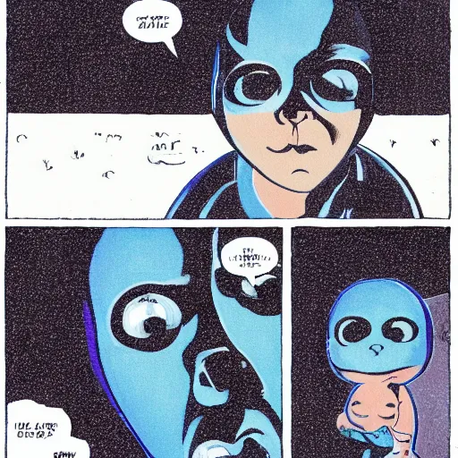 Image similar to blue baby baby seal on top of a roof, dark lighting, wide shot, comix by dave gibbons and john higgins