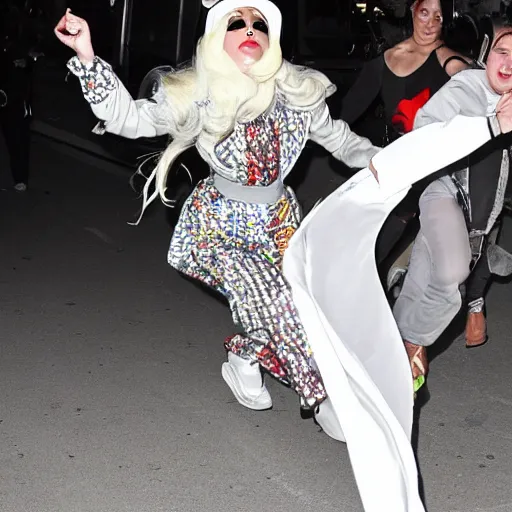 Prompt: lady gaga running away from amish mob