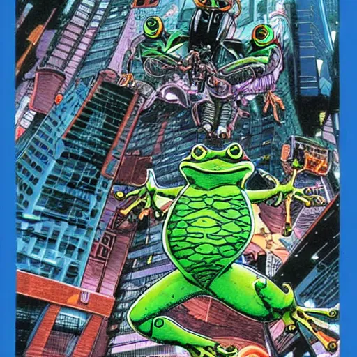 Image similar to huge frog robot devastating the city, by yoichi hatakenaka, masamune shirow