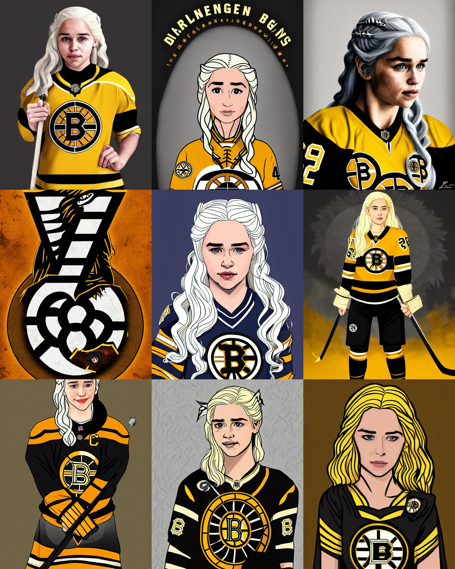 Prompt: daenerys targaryen in a boston bruins uniform, fan art, digital art